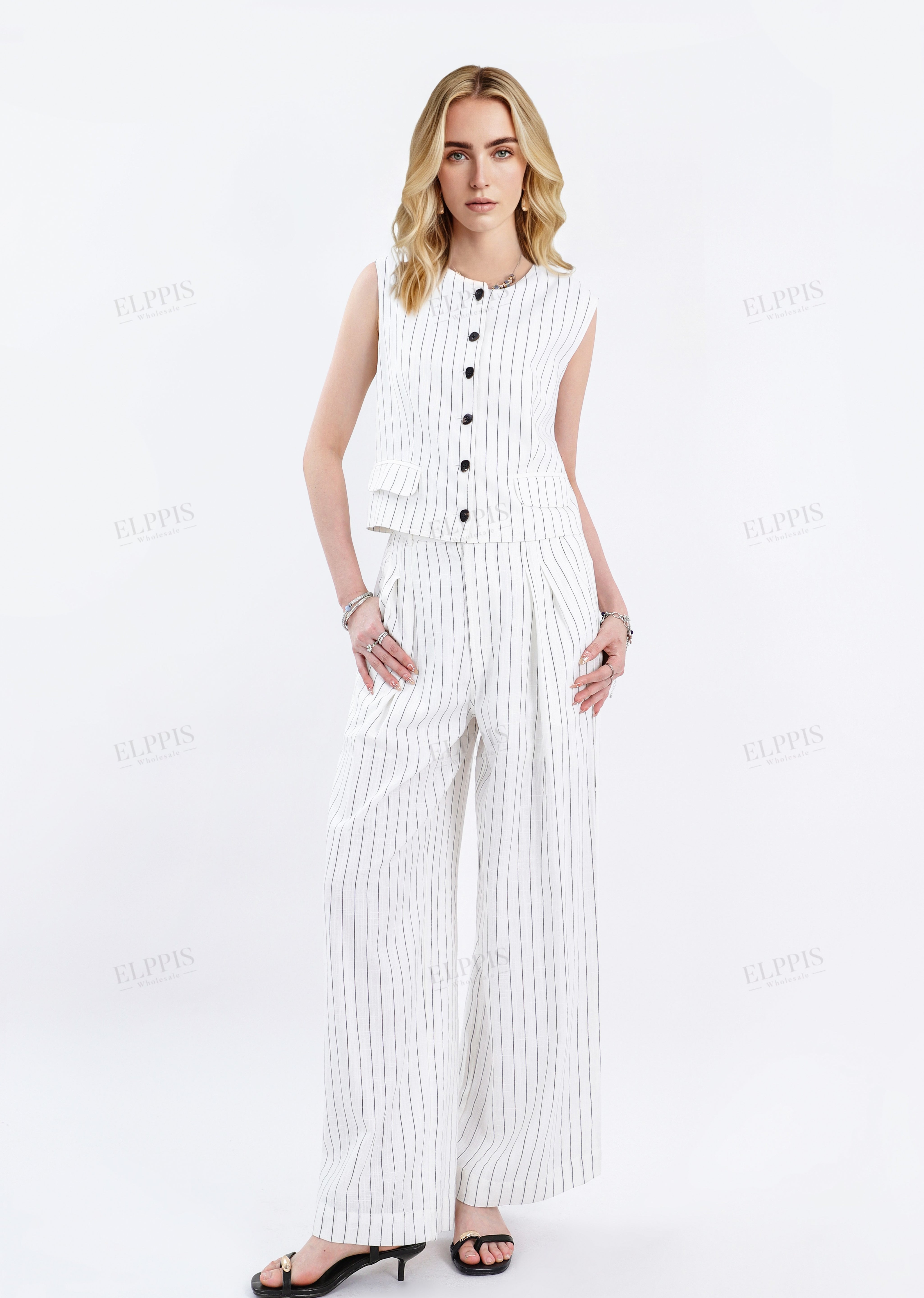 White Viscose-Linen Blend Striped Sleeveless Vest