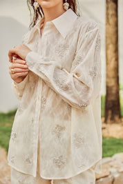 Cream Sheer Pearl Embellished Oversized Shirt