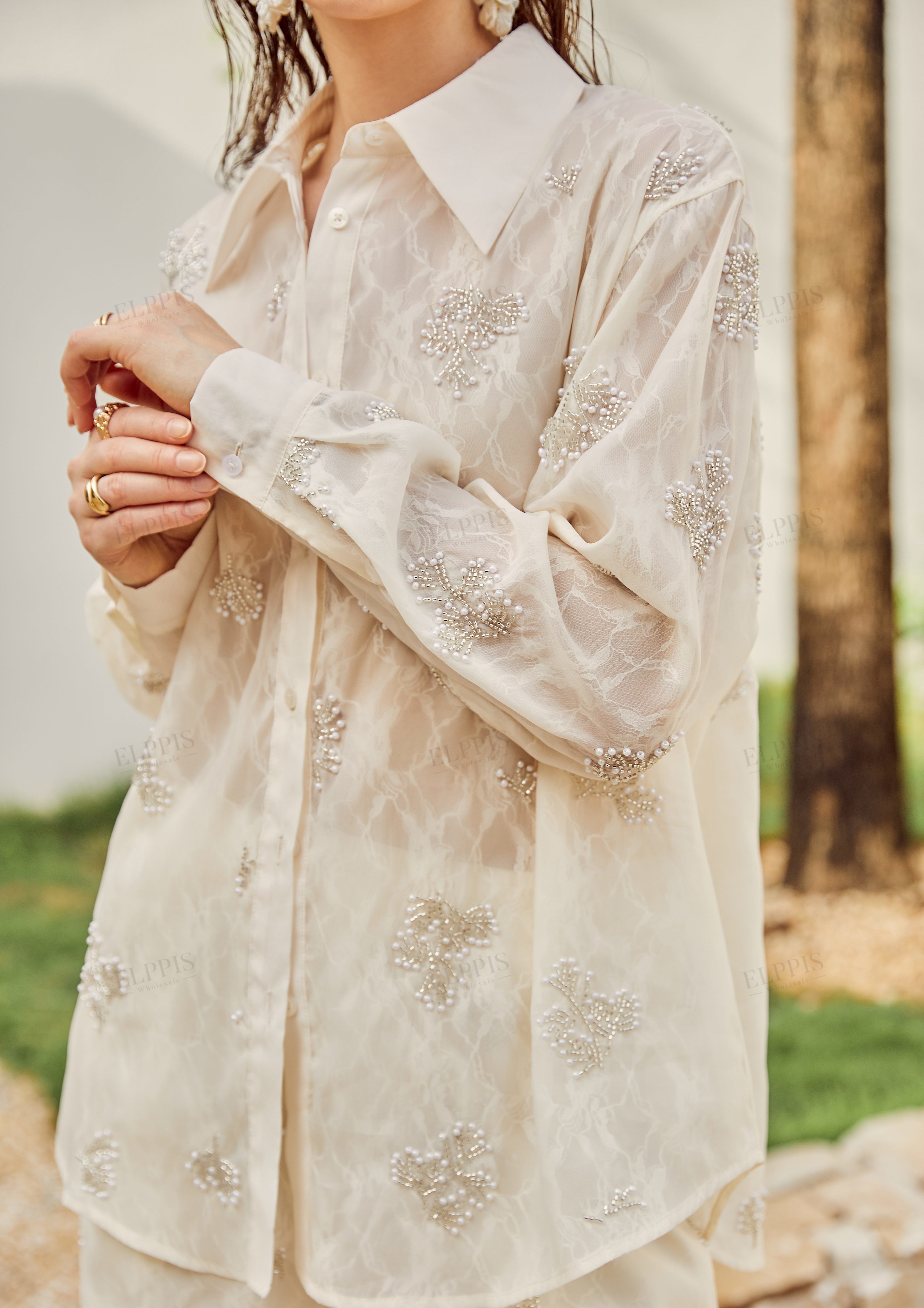Cream Sheer Pearl Embellished Oversized Shirt