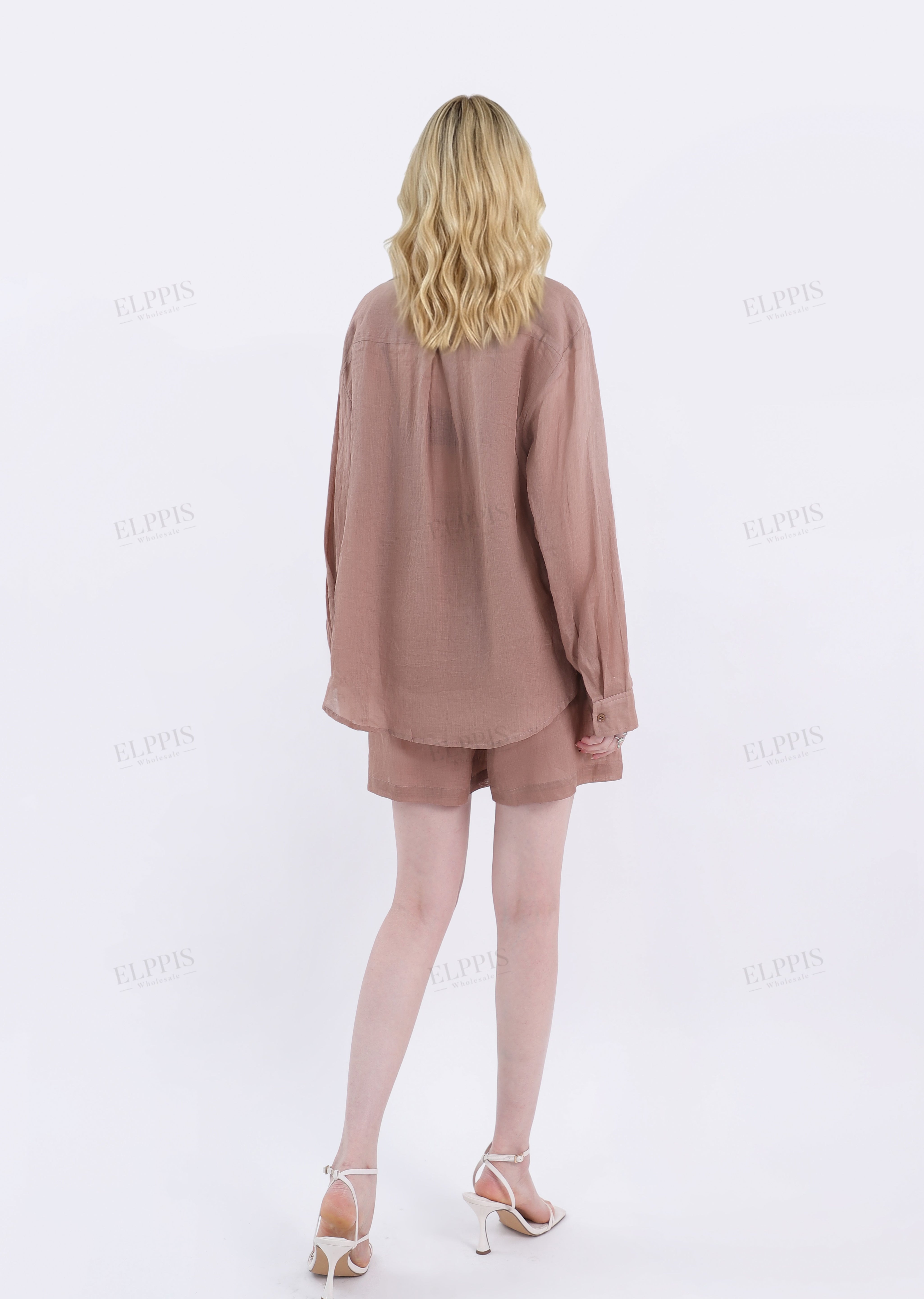 Khaki Ramie High-Waisted Drawstring Shorts