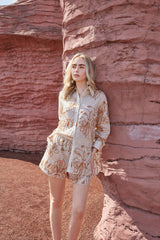 Linen Blend Floral Embroidered Elastic Waist Shorts