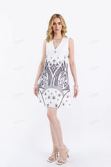 Off-White Sleeveless Shift Dress with Black Ethnic Pattern