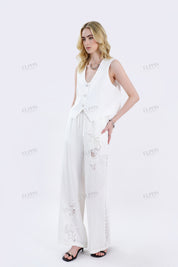 White Cropped Vest with Beaded Floral Embroidery & Crystal Buttons