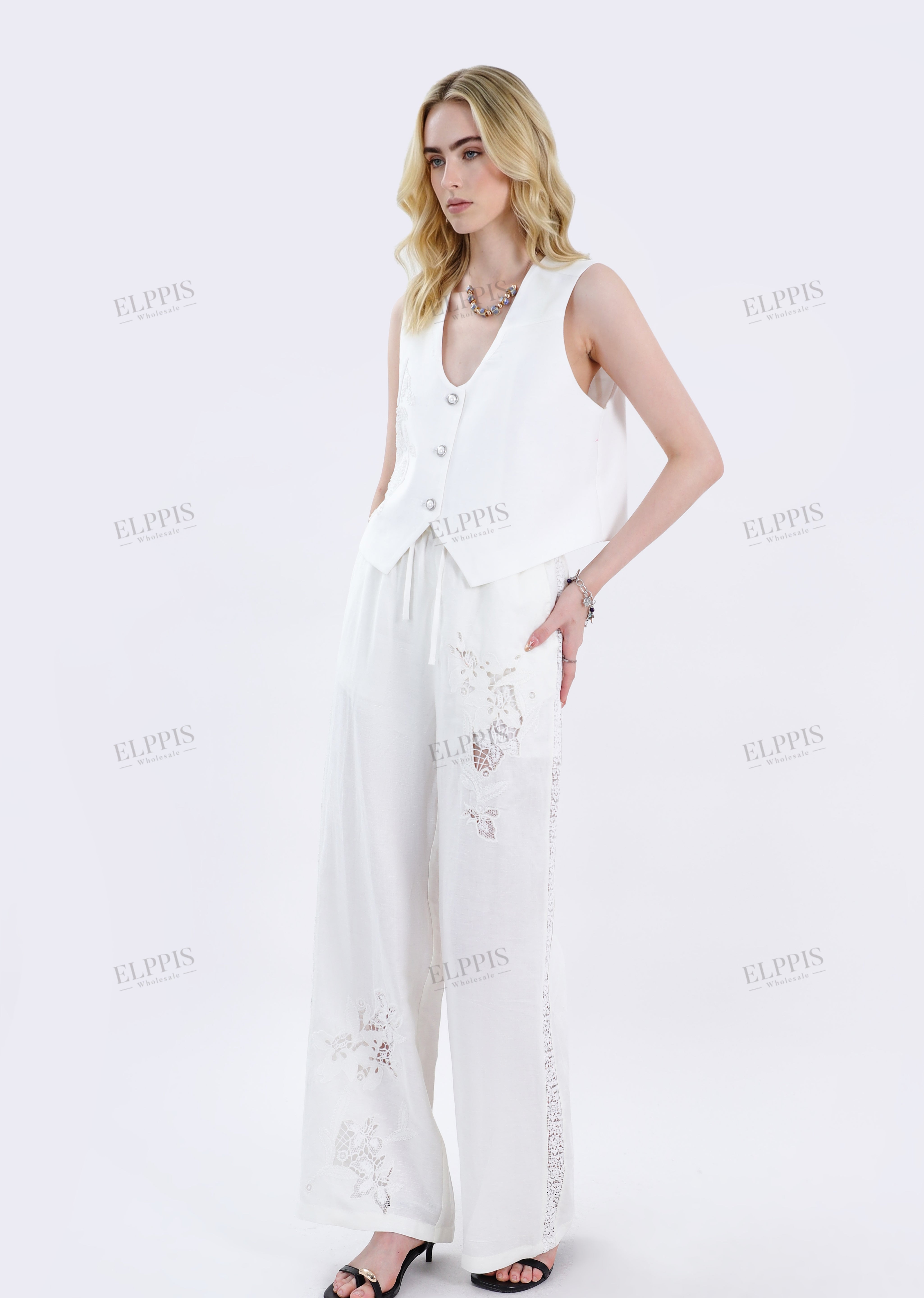White Cropped Vest with Beaded Floral Embroidery & Crystal Buttons