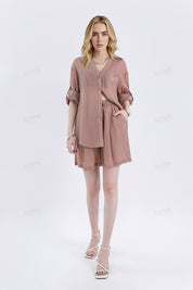 Khaki Ramie High-Waisted Drawstring Shorts