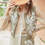 Color-block sequin embroidered H-line cotton-linen vest