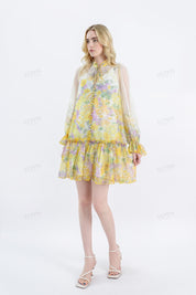 Yellow Floral Print Sheer Long-Sleeve Mini Dress with Tie Waist
