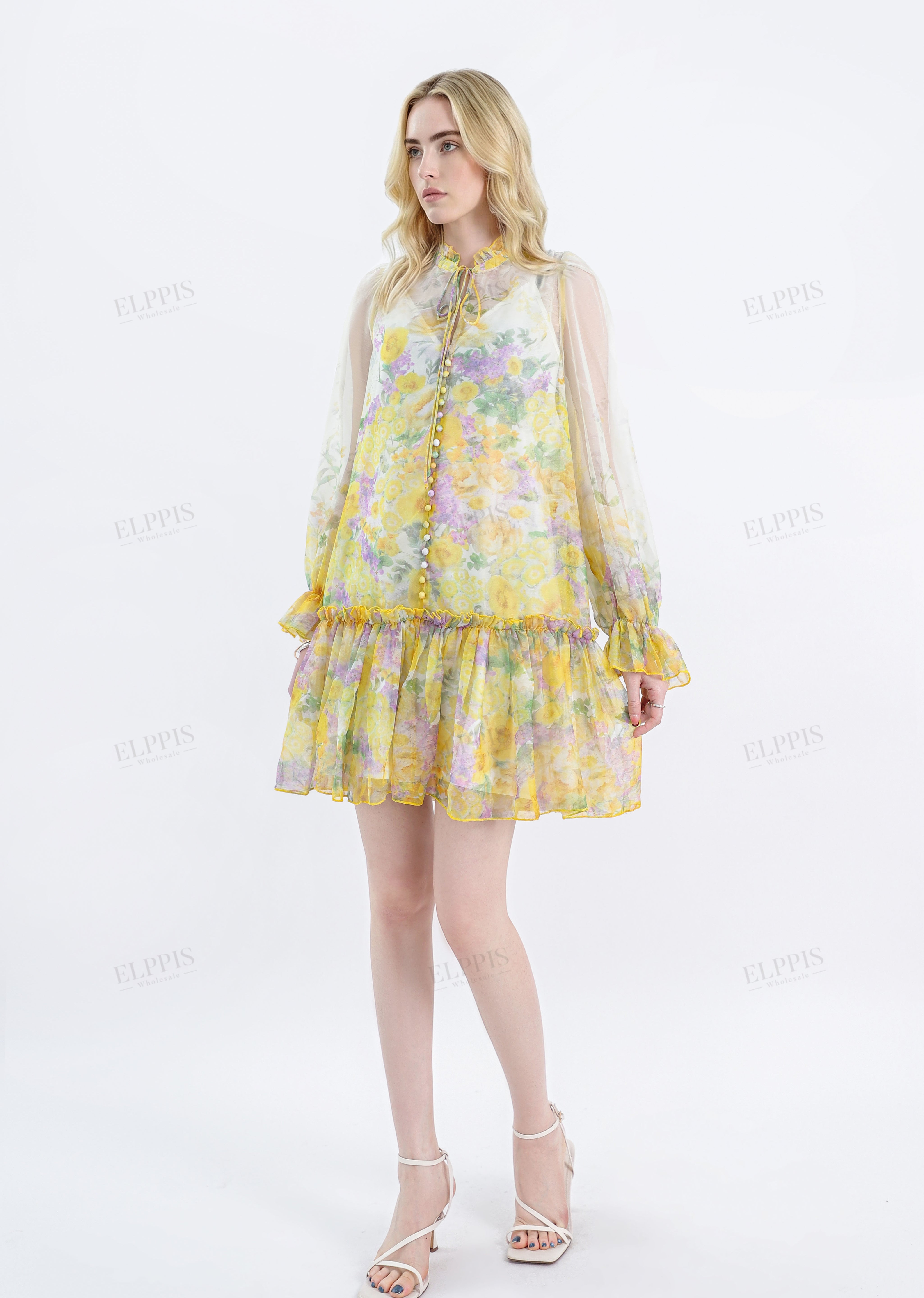 Yellow Floral Print Sheer Long-Sleeve Mini Dress with Tie Waist