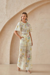 Cream Floral Print Eyelet Cropped Top with Flared Sleeves & Scalloped Hem