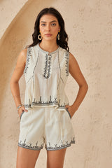 Ivory Black Embroidered Trim Linen Shorts