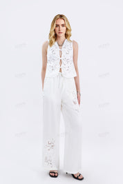 White Floral Lace Cropped Vest with Tie Detail