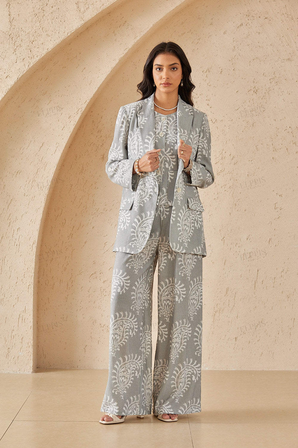 Gray & White Paisley Print Blazer with Rolled Cuffs
