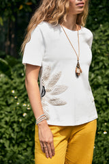 White Short-Sleeve T-Shirt with Side Crochet Flower Embellishments