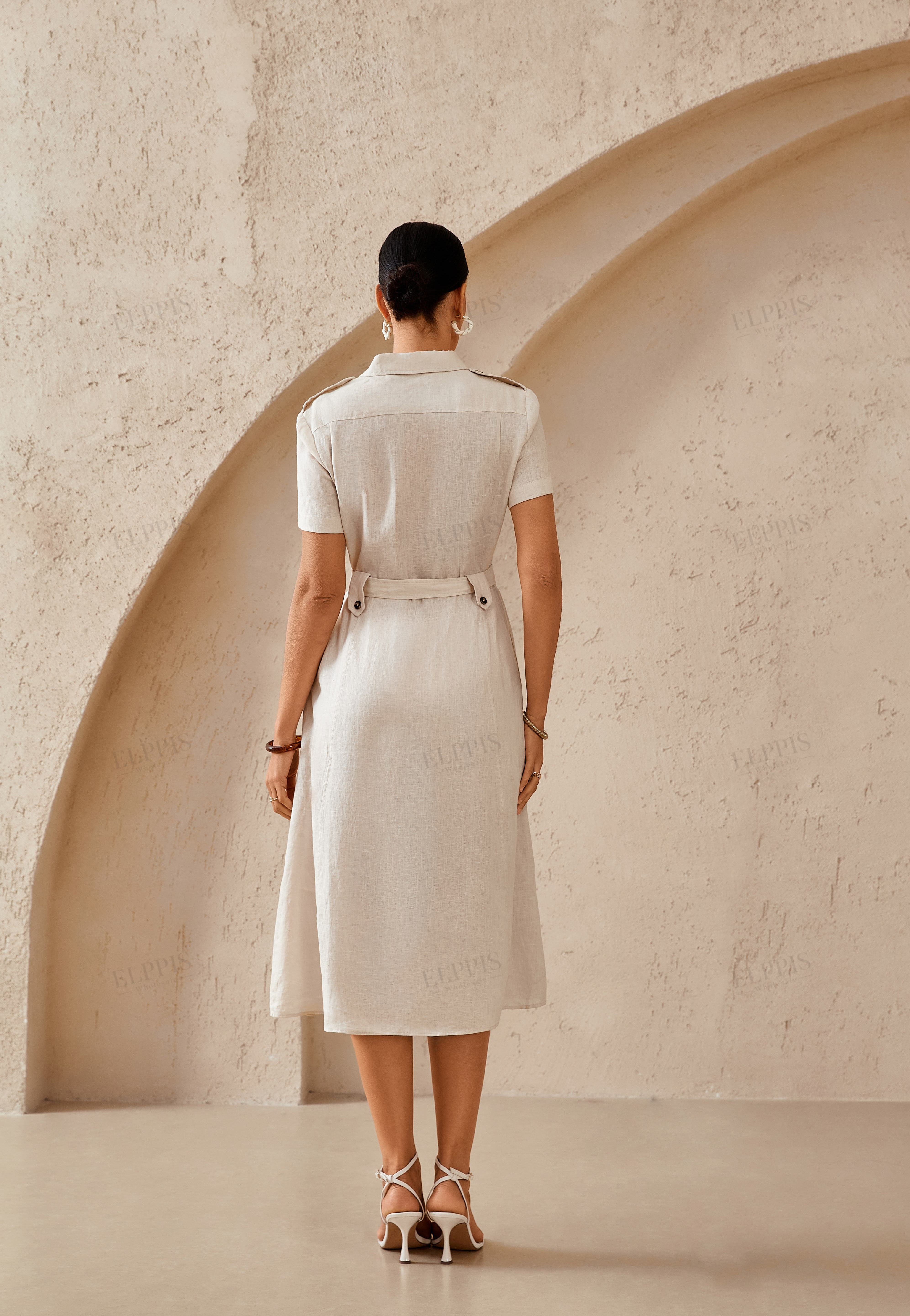 Beige Linen-Blend Shirt Dress with Belt