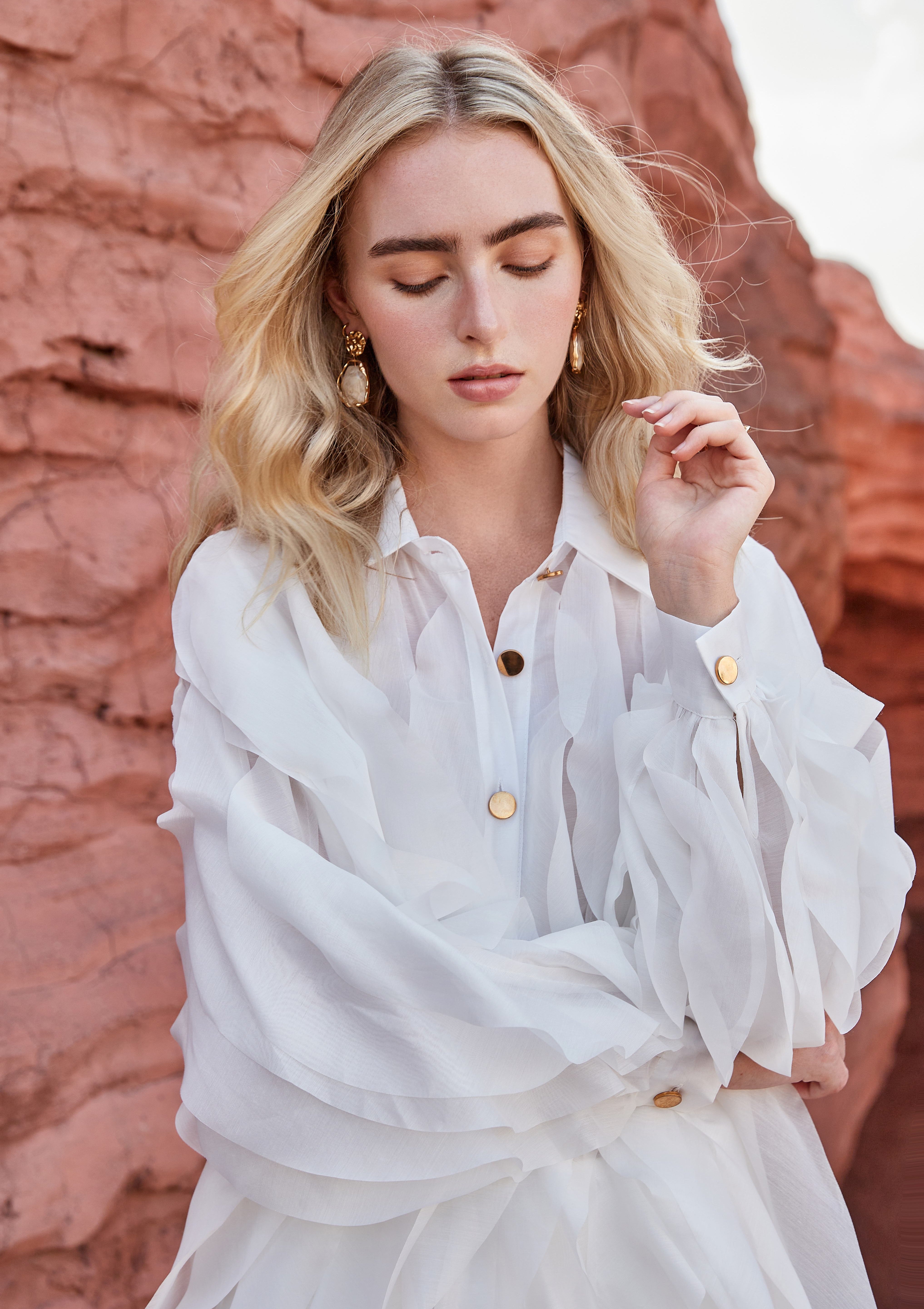 Blush Pink Sheer Organza Shirt with Tiered Ruffle Detail