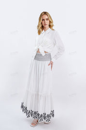 White Maxi Skirt with Black Geometric & Floral Embroidery