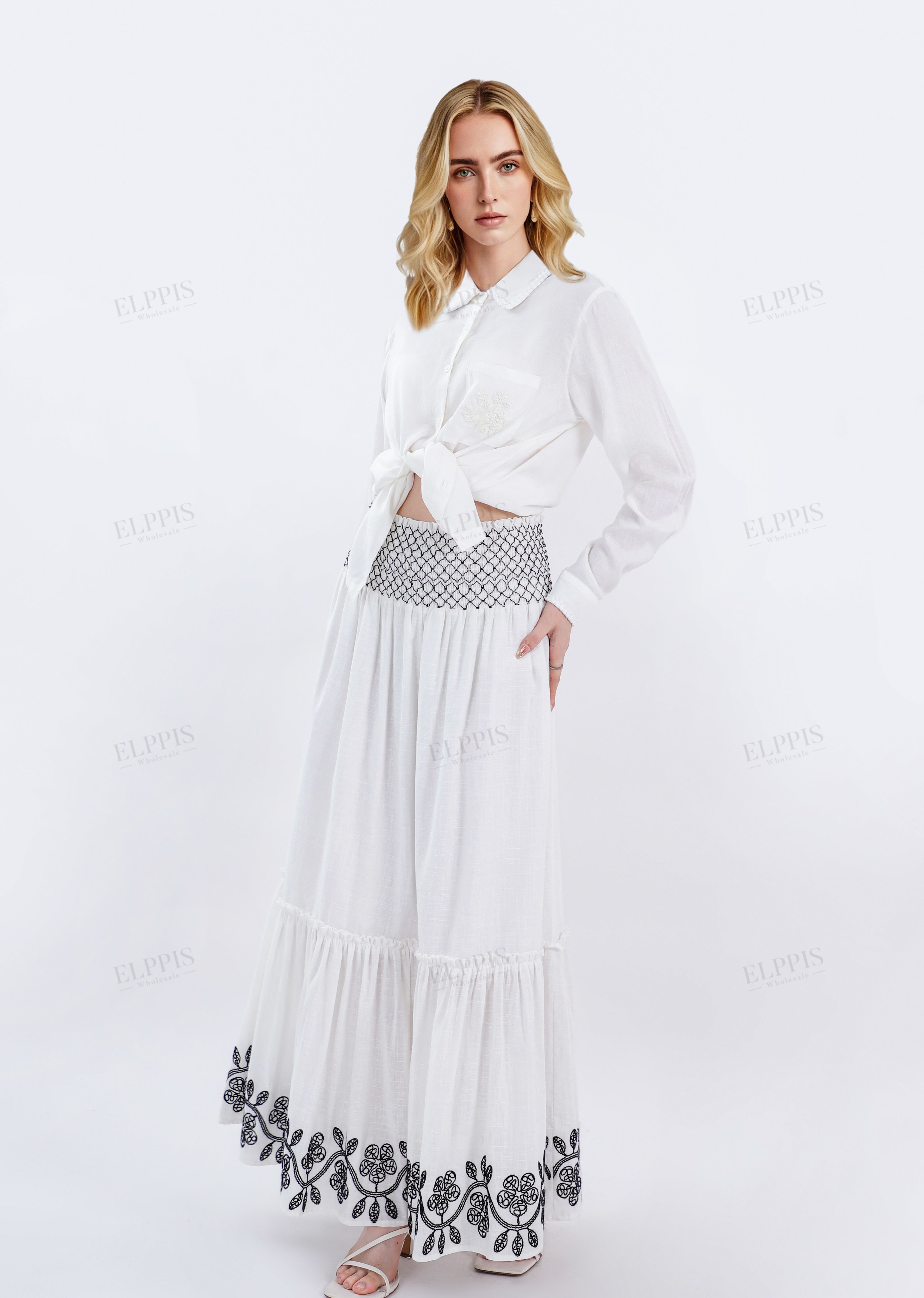 White Maxi Skirt with Black Geometric & Floral Embroidery