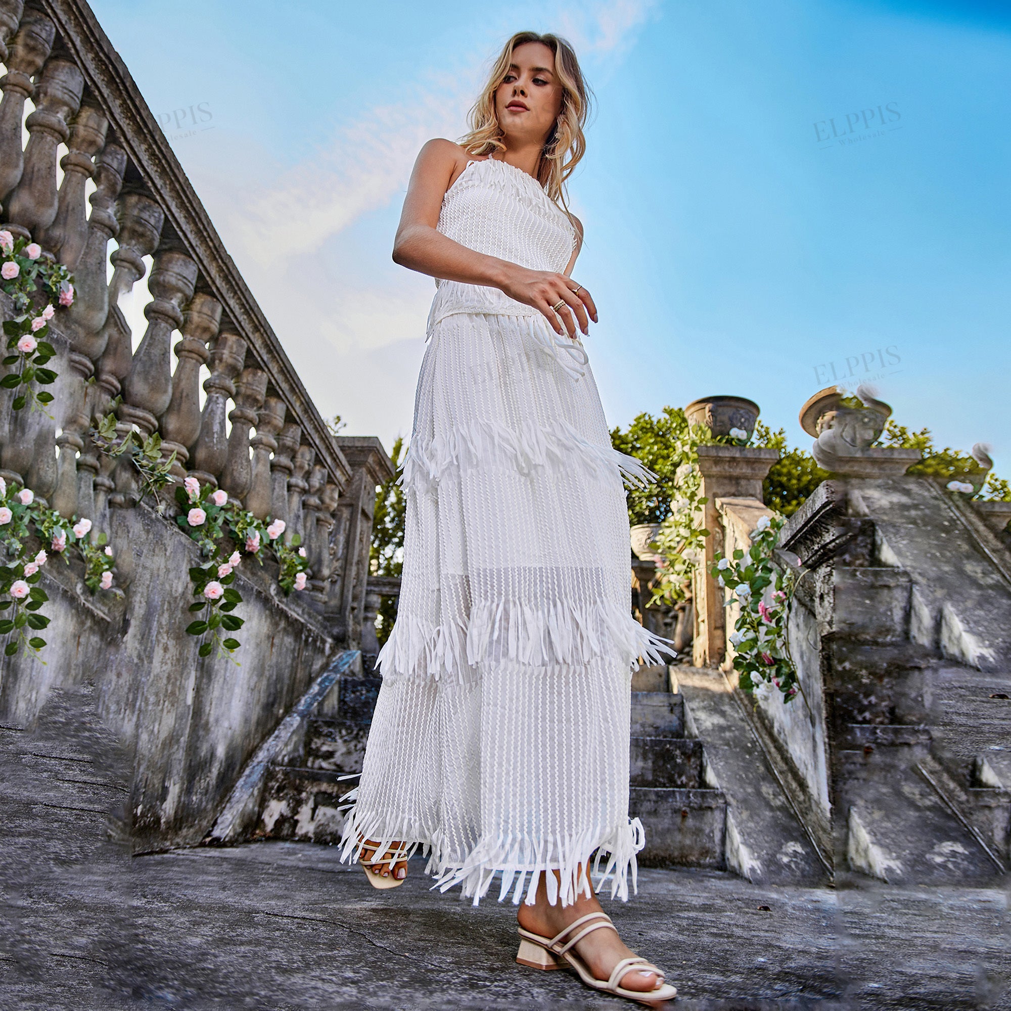 Chiffon base with 3D tassel embellishment straight midi skirt