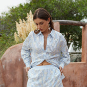 Striped cotton embroidered H-line long sleeve shirt