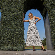Black and white floral cotton embroidered A-line strapless maxi dress