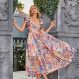 Chiffon printed A-line ruffle sleeve maxi dress