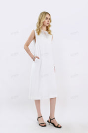 White Sleeveless Midi Dress with Lace Yoke Detail