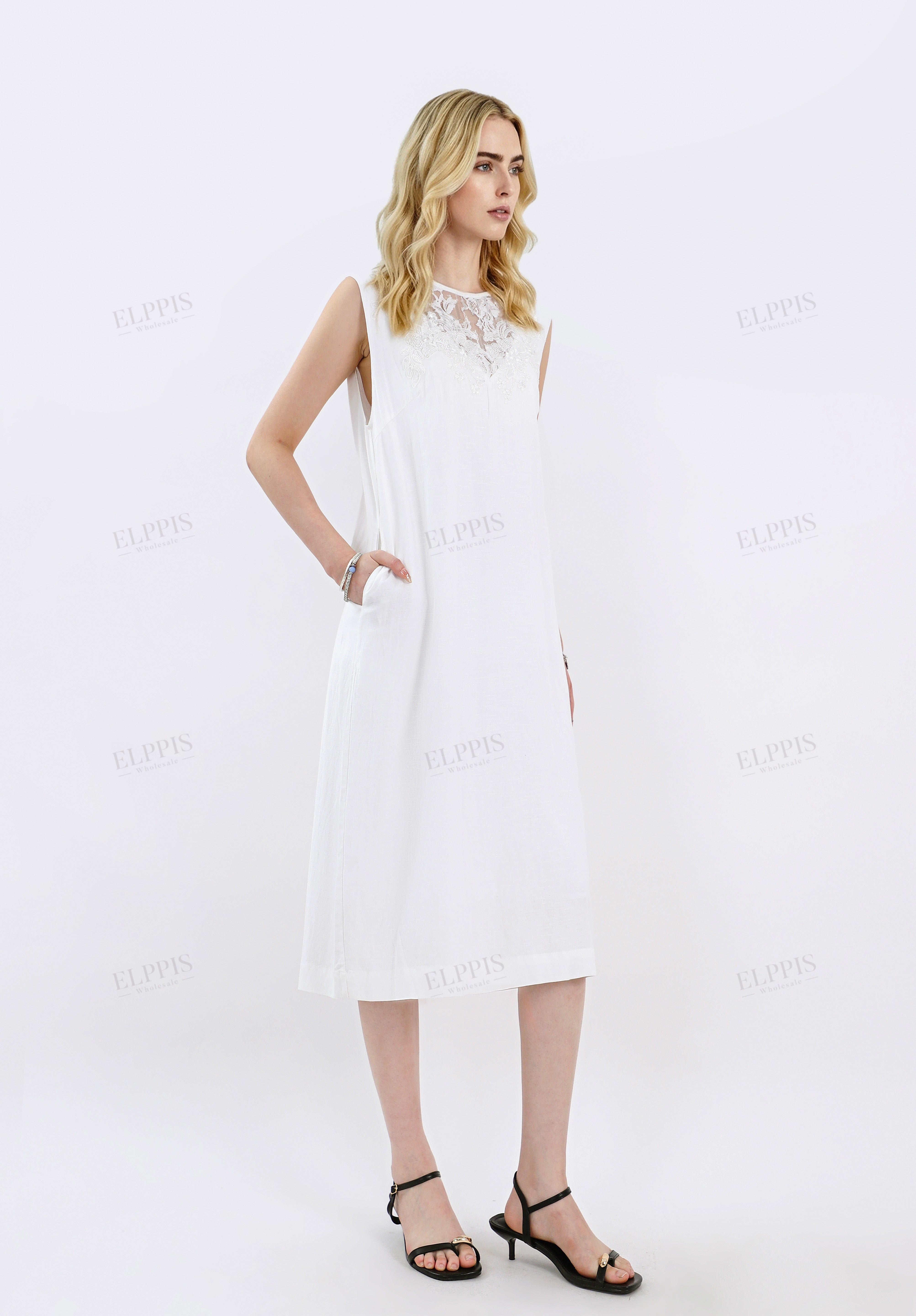 White Sleeveless Midi Dress with Lace Yoke Detail