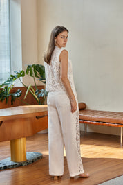 White Linen Wide-Leg Lace Pants