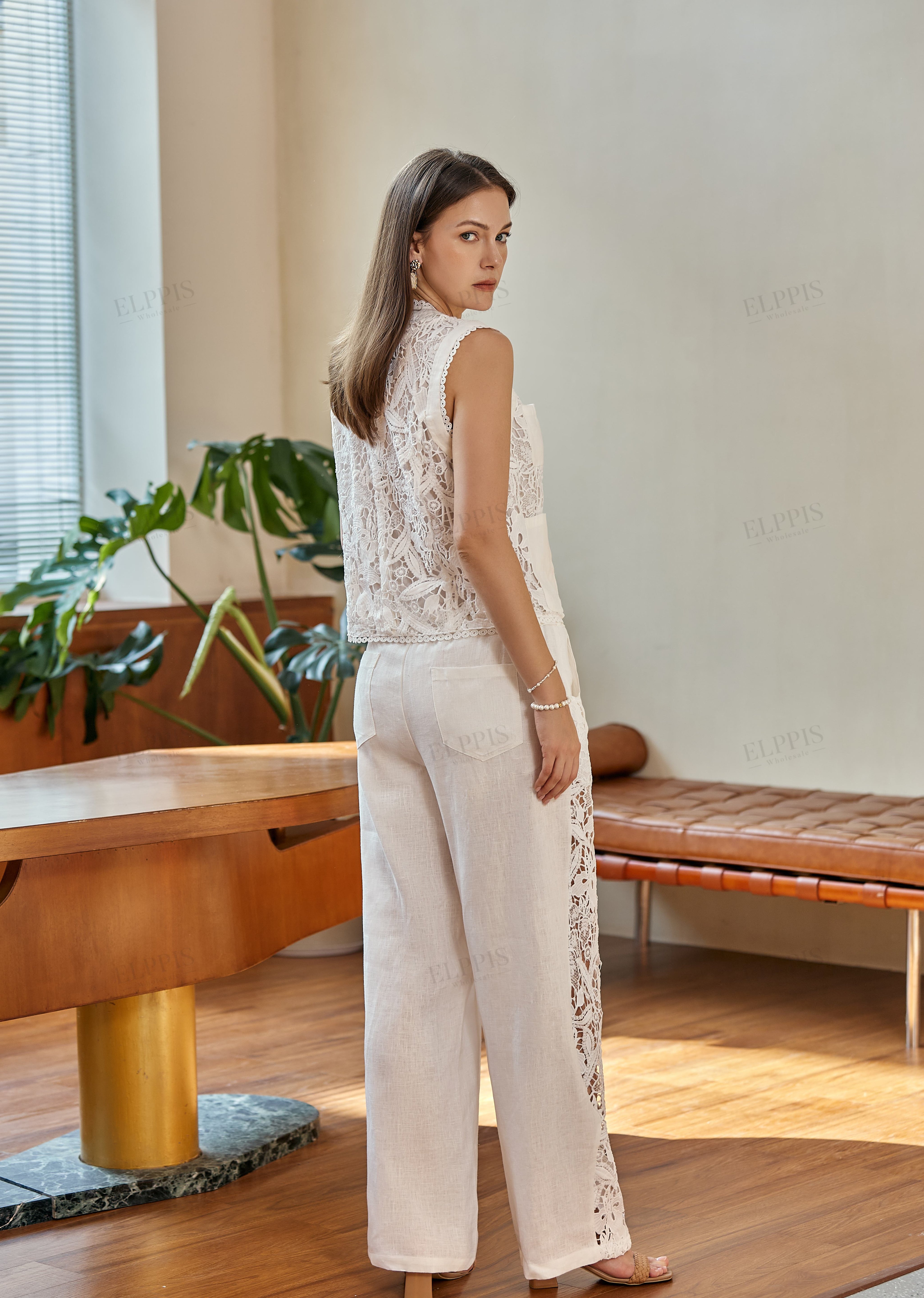 White Linen Wide-Leg Lace Pants
