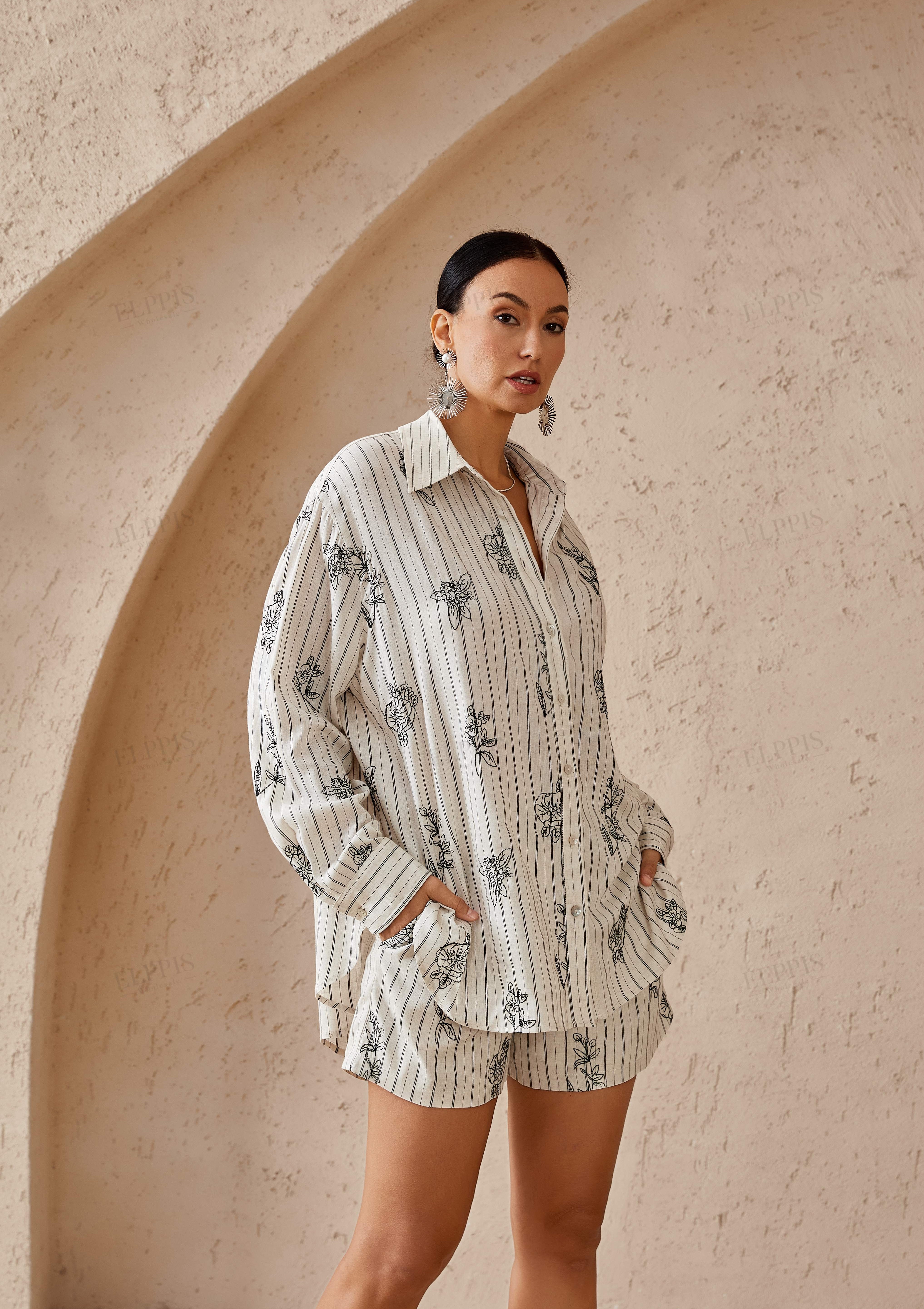 Beige Striped Cotton-Blend Shirt with Black Floral Print