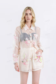 Sheer Pink Floral Embroidered Collared Long Sleeves Blouse