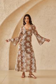 Caramel Mesh Midi Dress with White Floral Embroidery & Bell Sleeves