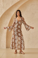 Caramel Mesh Midi Dress with White Floral Embroidery & Bell Sleeves