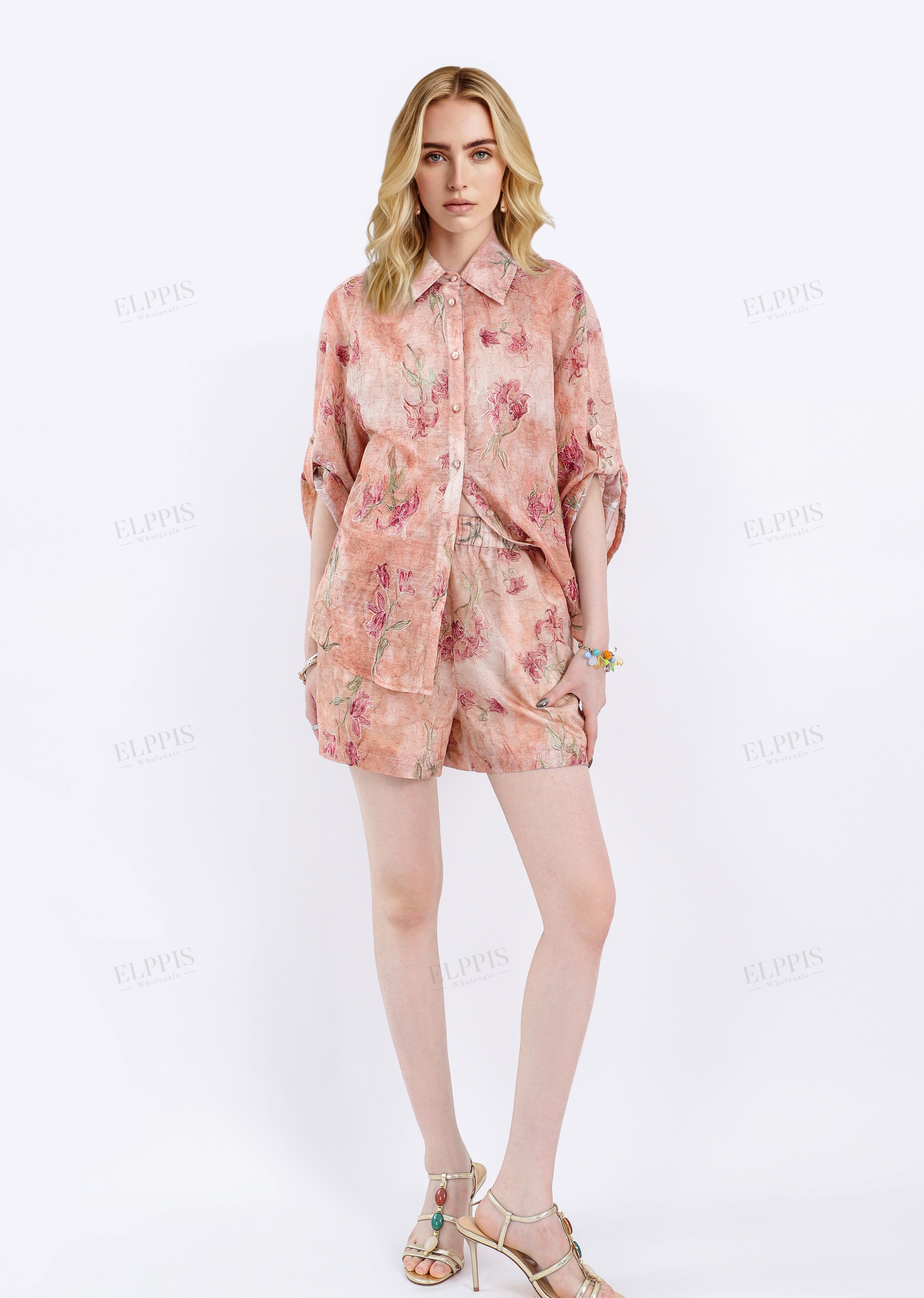 Collared Roll-Sleeve Tencel-Cotton Floral Blouse