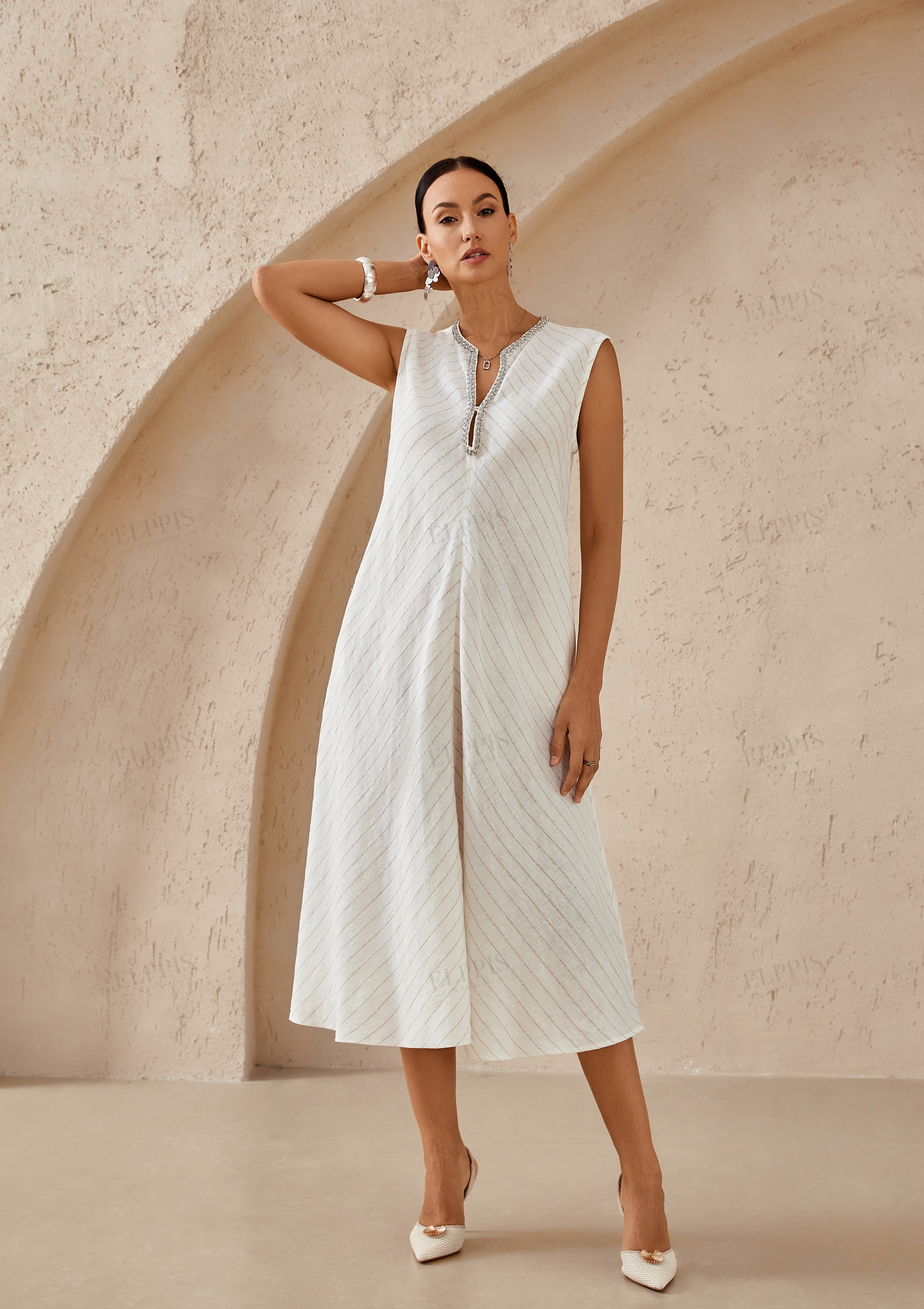 Ivory Striped Sleeveless Dress with Embellished Neckline