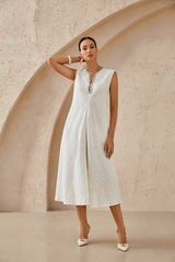 Ivory Striped Sleeveless Dress with Embellished Neckline