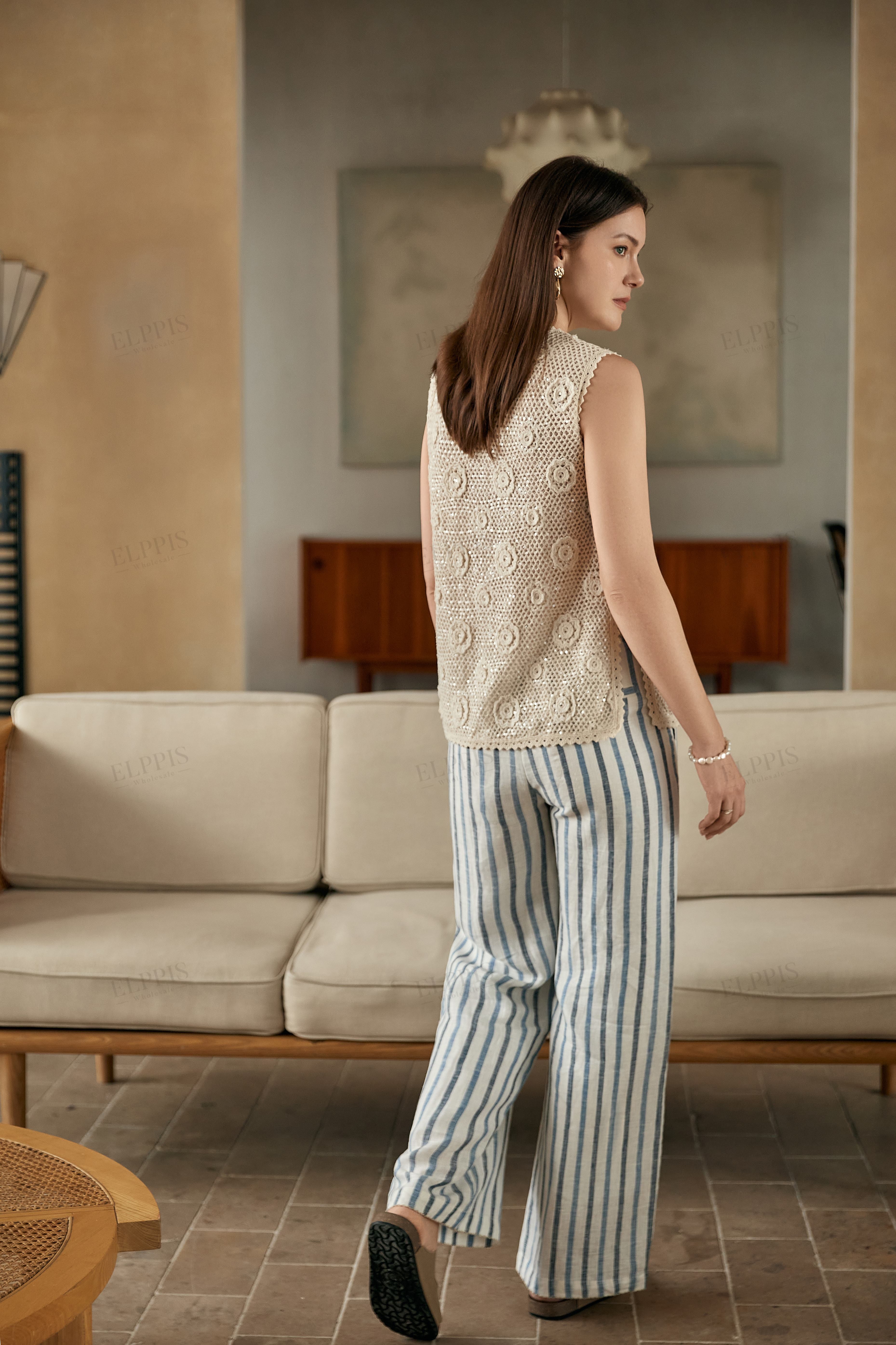 Blue & White Striped Linen-Blend Wide-Leg Pants (Crochet Waist)