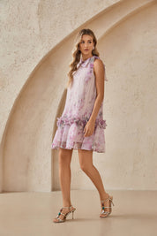 Blush Pink Romantic Rose Print Chiffon Blouse with Balloon Sleeves