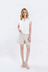 White Linen V-Neck Top with Lace Cap Sleeves & Pin-Tuck Detailing