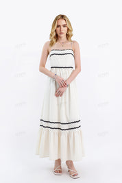 Cream Rayon-Blend Spaghetti-Strap Maxi Dress with Wave Trim