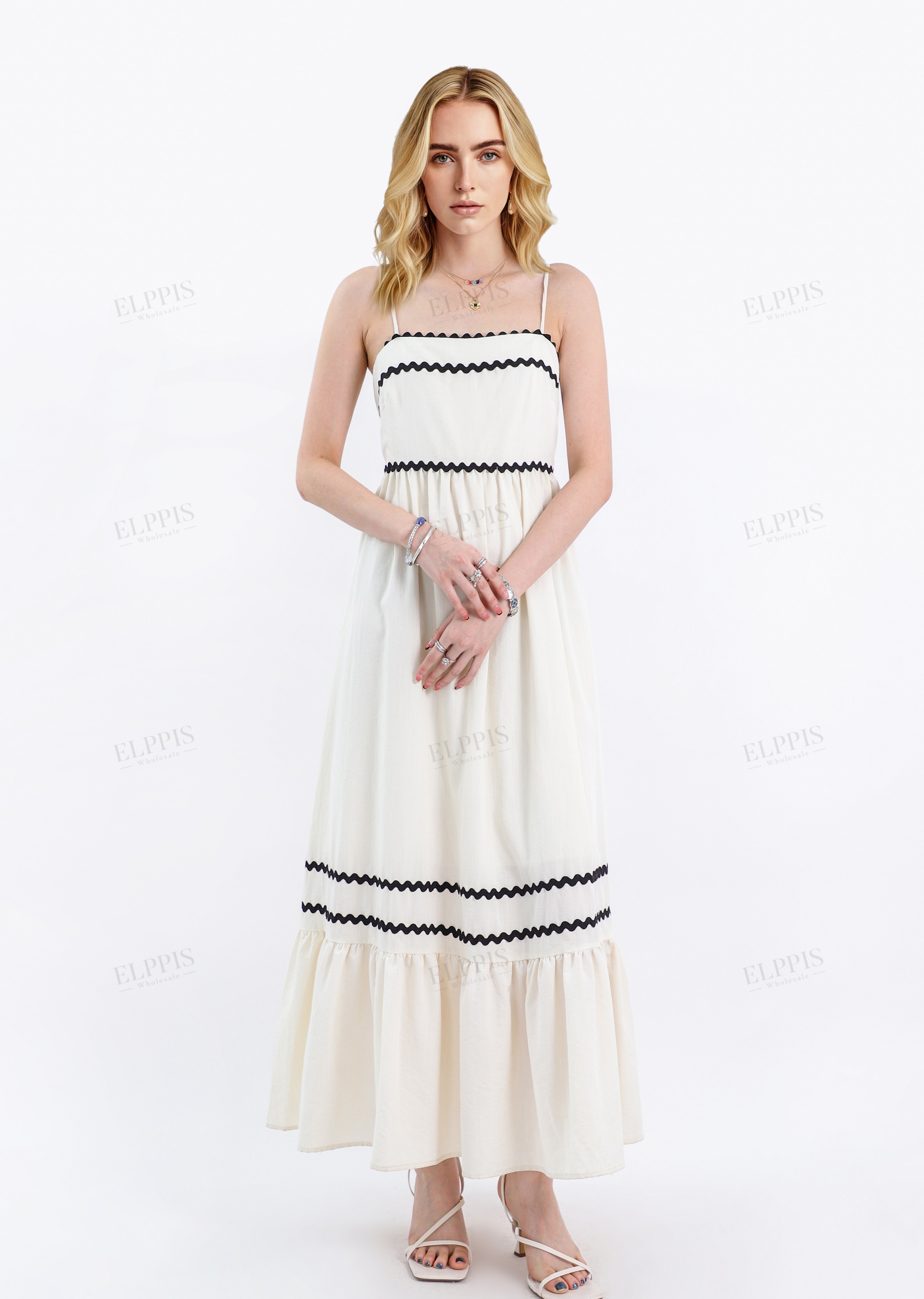 Cream Rayon-Blend Spaghetti-Strap Maxi Dress with Wave Trim