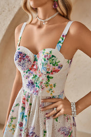 Cream Floral Print Eyelet Maxi Dress with Sweetheart Neckline