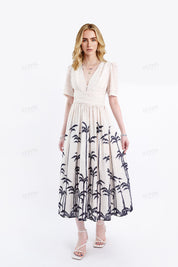 Beige Linen-Blend Midi Dress with Black Palm Tree Print