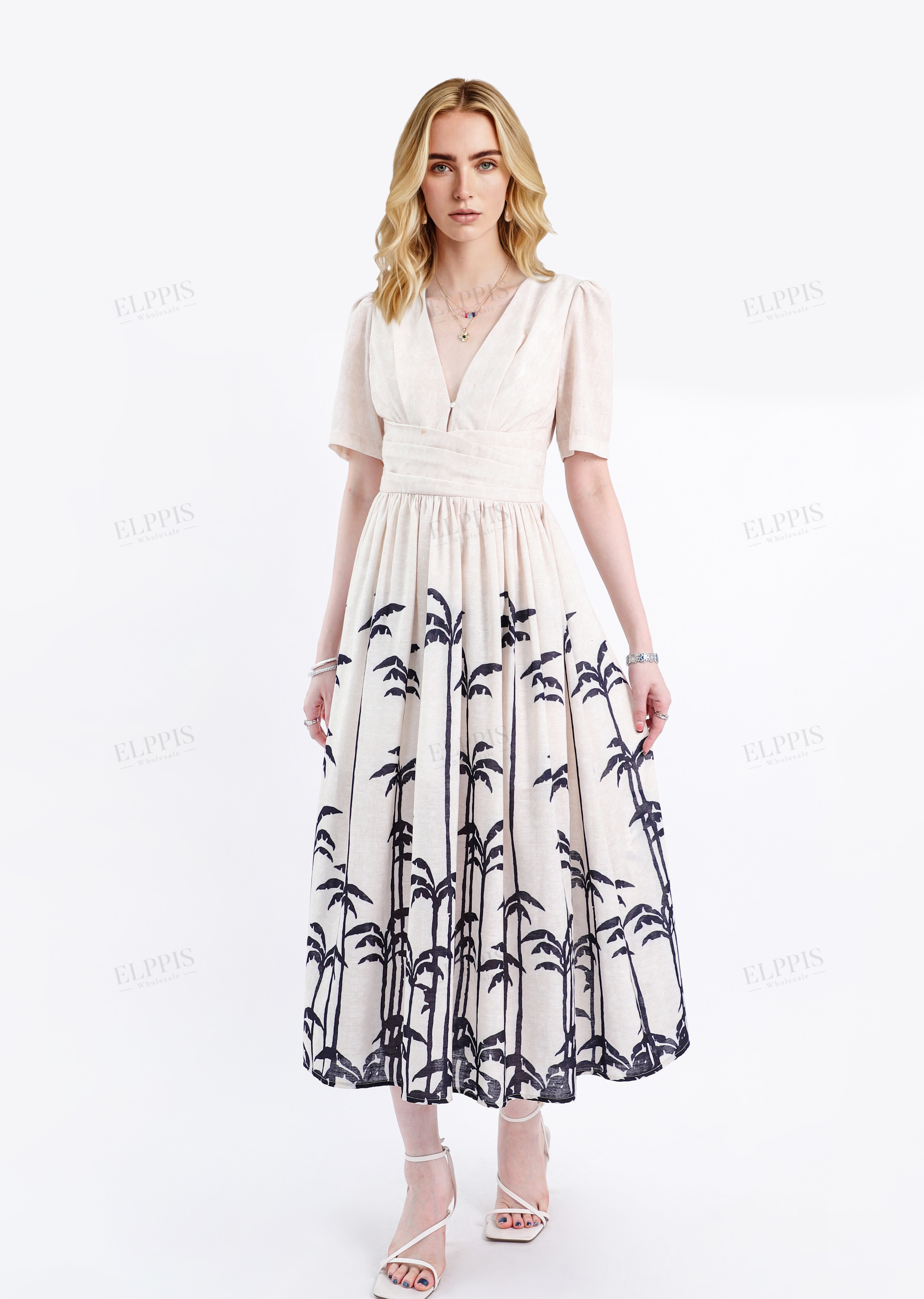 Beige Linen-Blend Midi Dress with Black Palm Tree Print