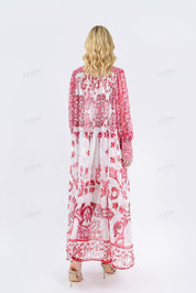 Red & White Patterned High-Neck Long-Sleeve Maxi Dress