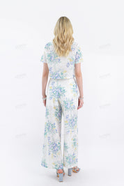 White & Floral (Blue/Yellow) Eyelet Short-Sleeve Cropped Blouse