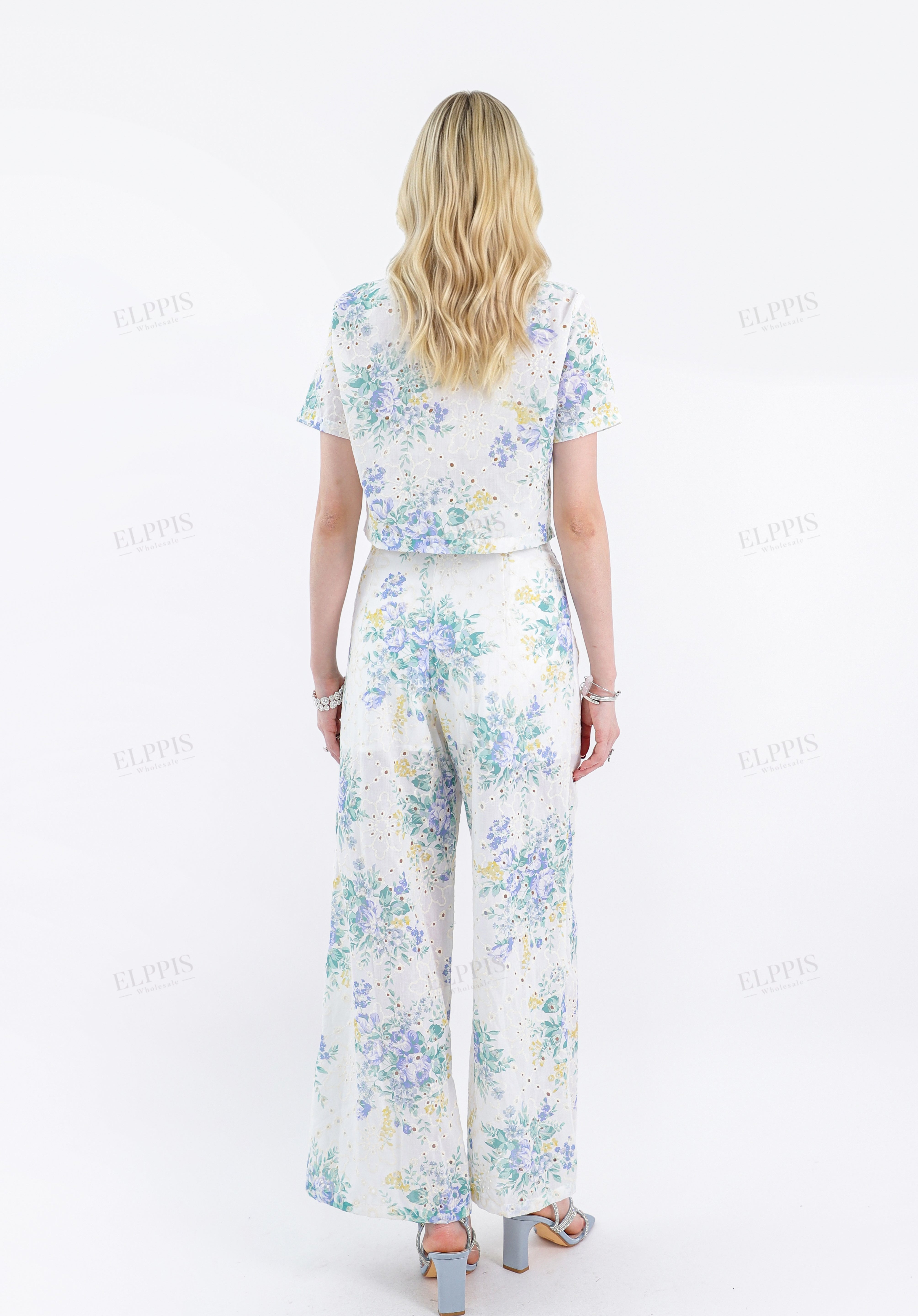 White & Floral (Blue/Yellow) Eyelet Short-Sleeve Cropped Blouse