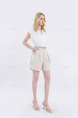 Beige Linen Blend Belted Casual Shorts