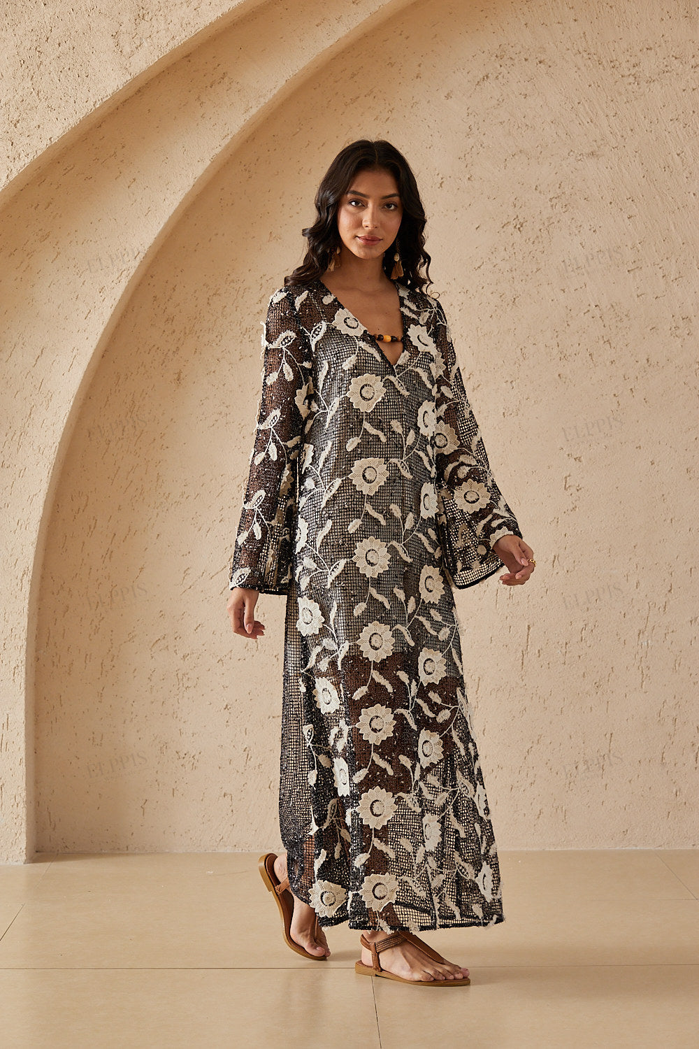 Black Mesh Maxi Dress with White Floral Embroidery & Beaded V-Neck