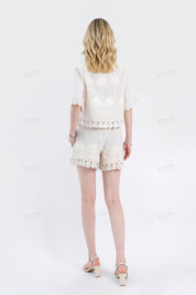 Beige Viscose-Linen Blend Embroidery Half-Sleeve Blouse